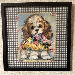 Framed Vintage Brown & White Puppy Dog Wall Decor Retro Cute Floral Girly Art